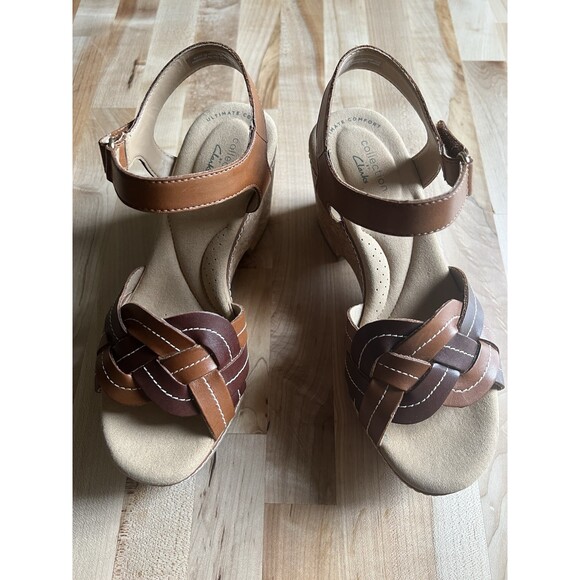 Clarks Shoes - Clarks Giselle Coast Platform Sandals Comfort Cork Leather Braid Brown 7 M - NEW